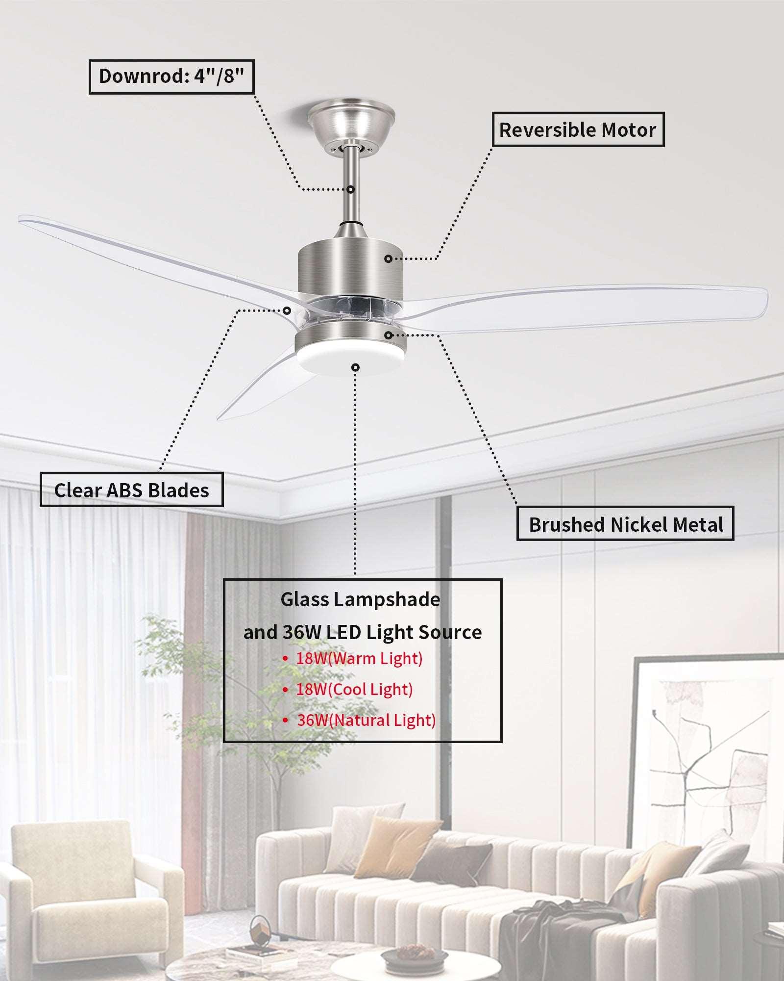 OKELI Clear Fan Blades Ceiling Fan with Light, 52 Inch Brushed Nickel Transparent Ceiling Fans 3 Reversible Blade - okeli lights