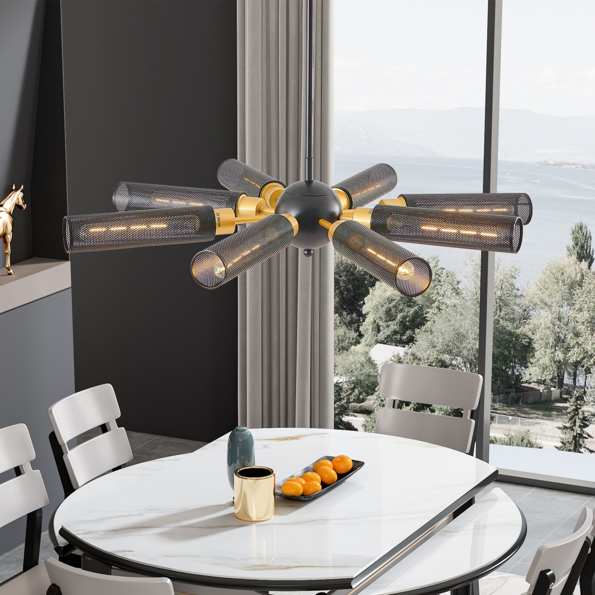 34" Modern Industrial Sputnik Chandelier, 8-Light Black and Gold Metal Pendant Light with Mesh Shades, E26 Base - okeli lights