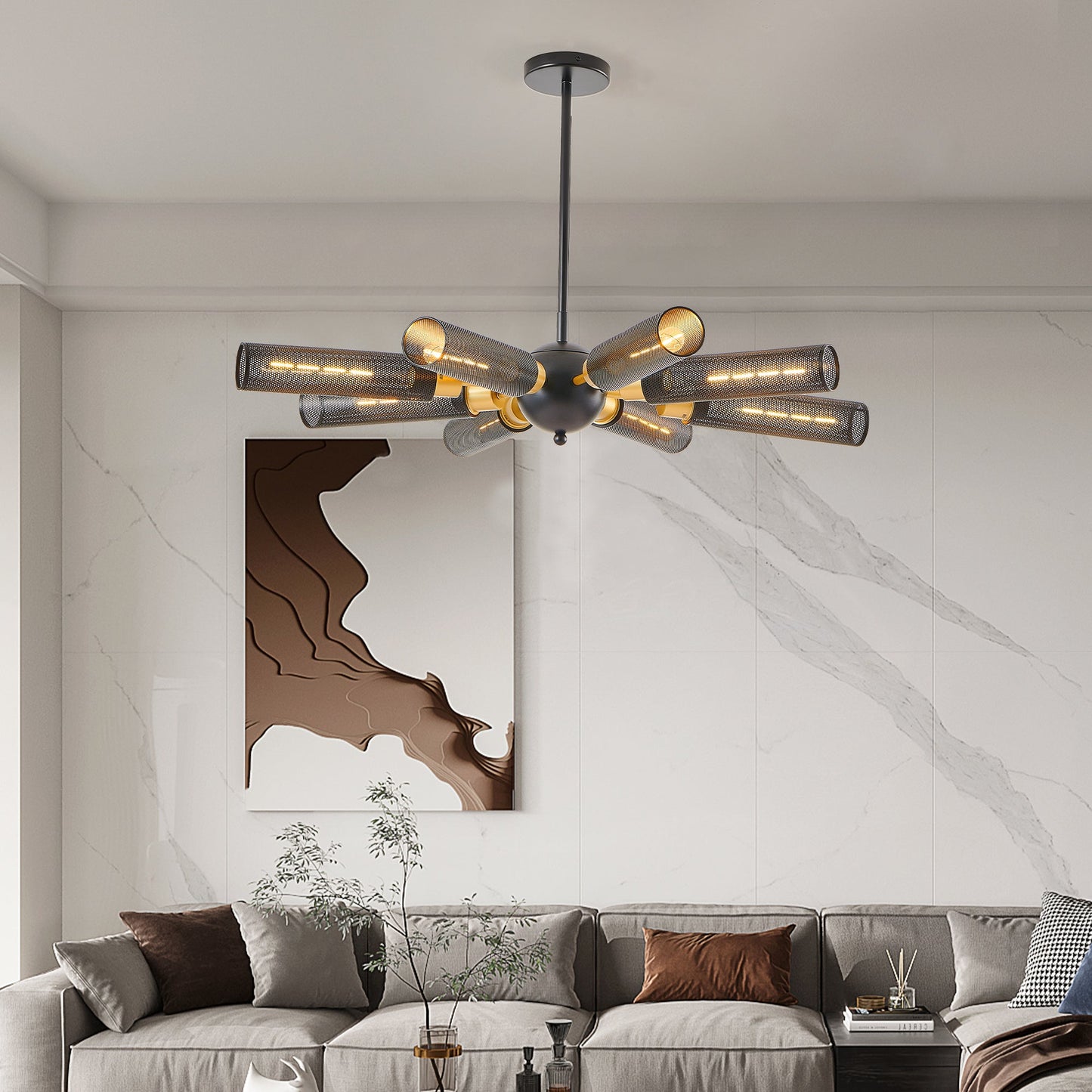 34" Modern Industrial Sputnik Chandelier, 8-Light Black and Gold Metal Pendant Light with Mesh Shades, E26 Base - okeli lights