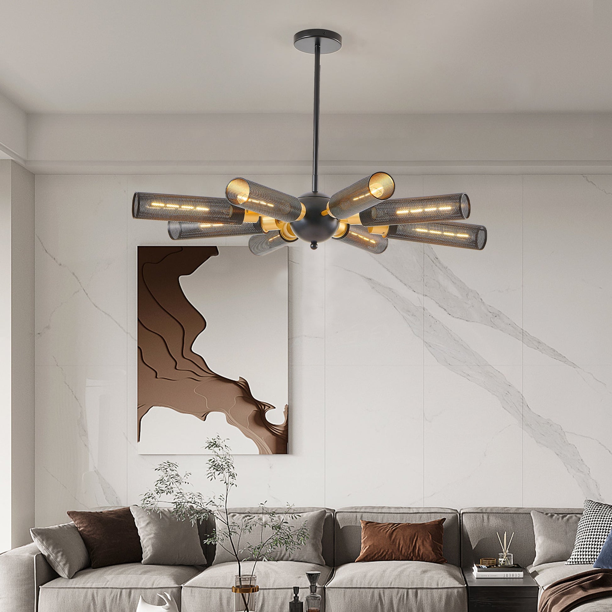 34" Modern Industrial Sputnik Chandelier, 8-Light Black and Gold Metal Pendant Light with Mesh Shades, E26 Base - okeli lights