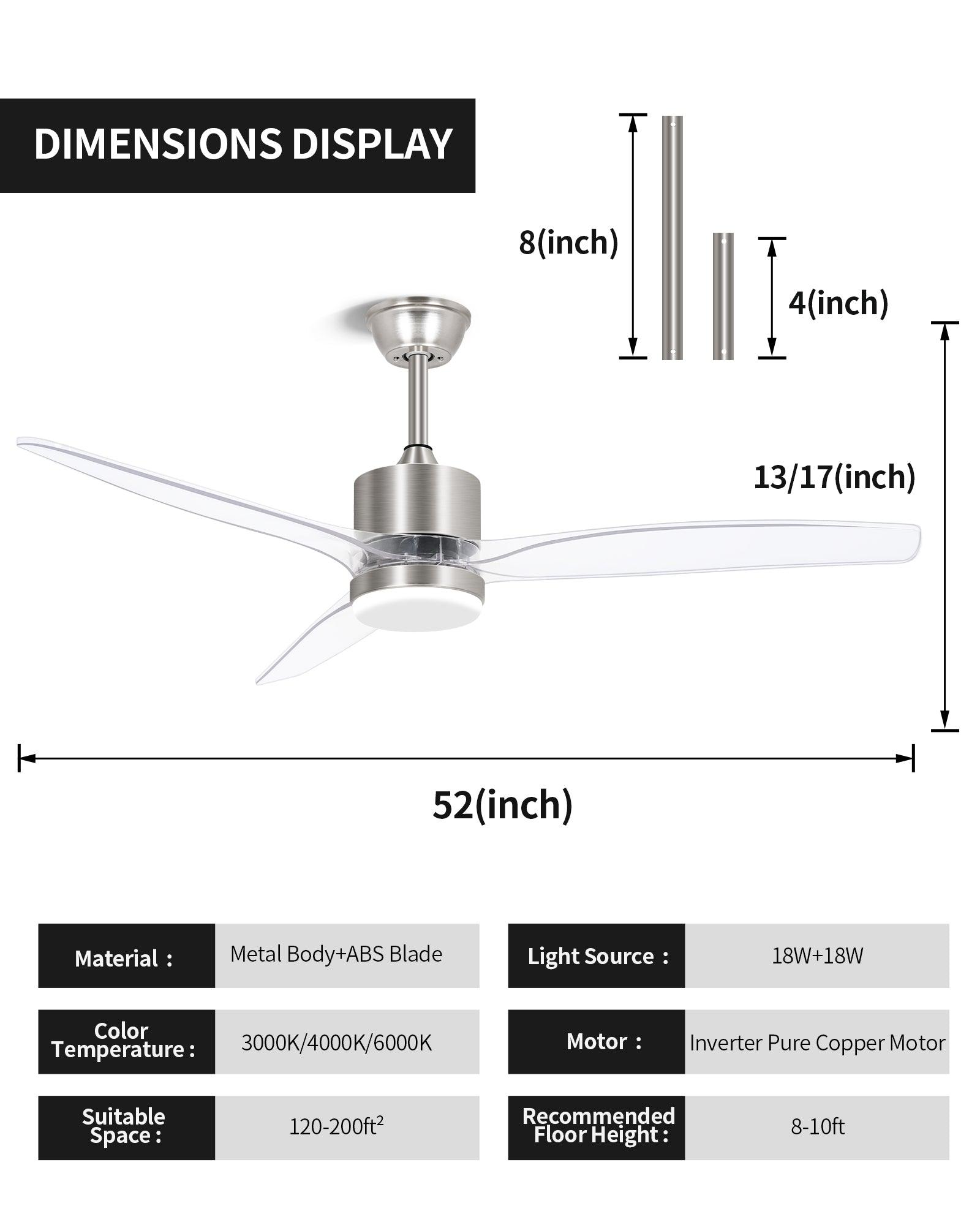 OKELI Clear Fan Blades Ceiling Fan with Light, 52 Inch Brushed Nickel Transparent Ceiling Fans 3 Reversible Blade - okeli lights