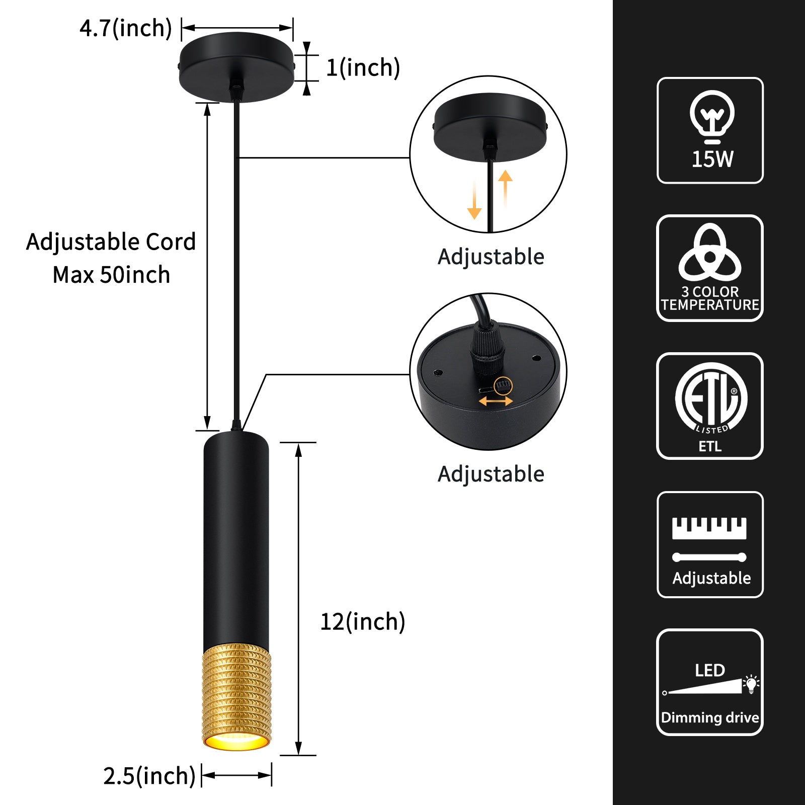 LED Pendant Light Black and Glod Fixtures for Kitchen Island and Bar 3-Color 2700K-6000K ETL - okeli lights
