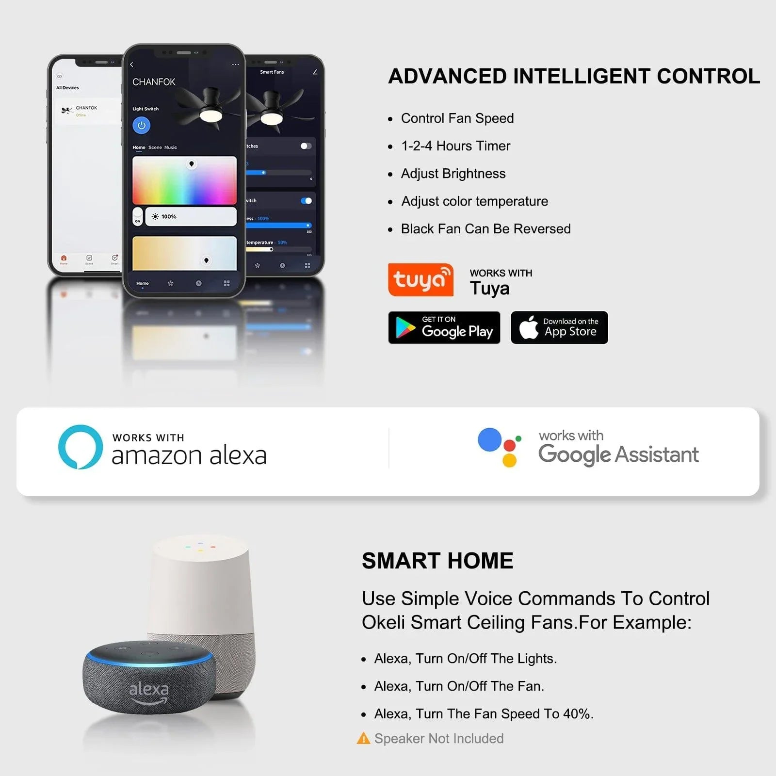 OKELI Smart Ceiling Fan with Lights App Controlled2.4GHz Wi-Fi LED - okeli lights