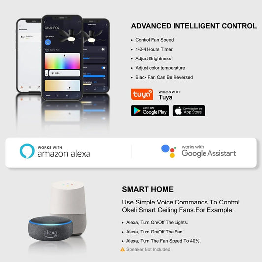 OKELI Smart Ceiling Fan with Lights App Controlled2.4GHz Wi-Fi LED - okeli lights